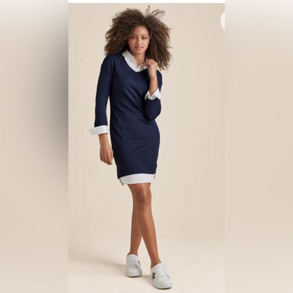 Venus Sweater Dress L (12-14) Navy/White NWOT Layered Preppy Classic Timeless